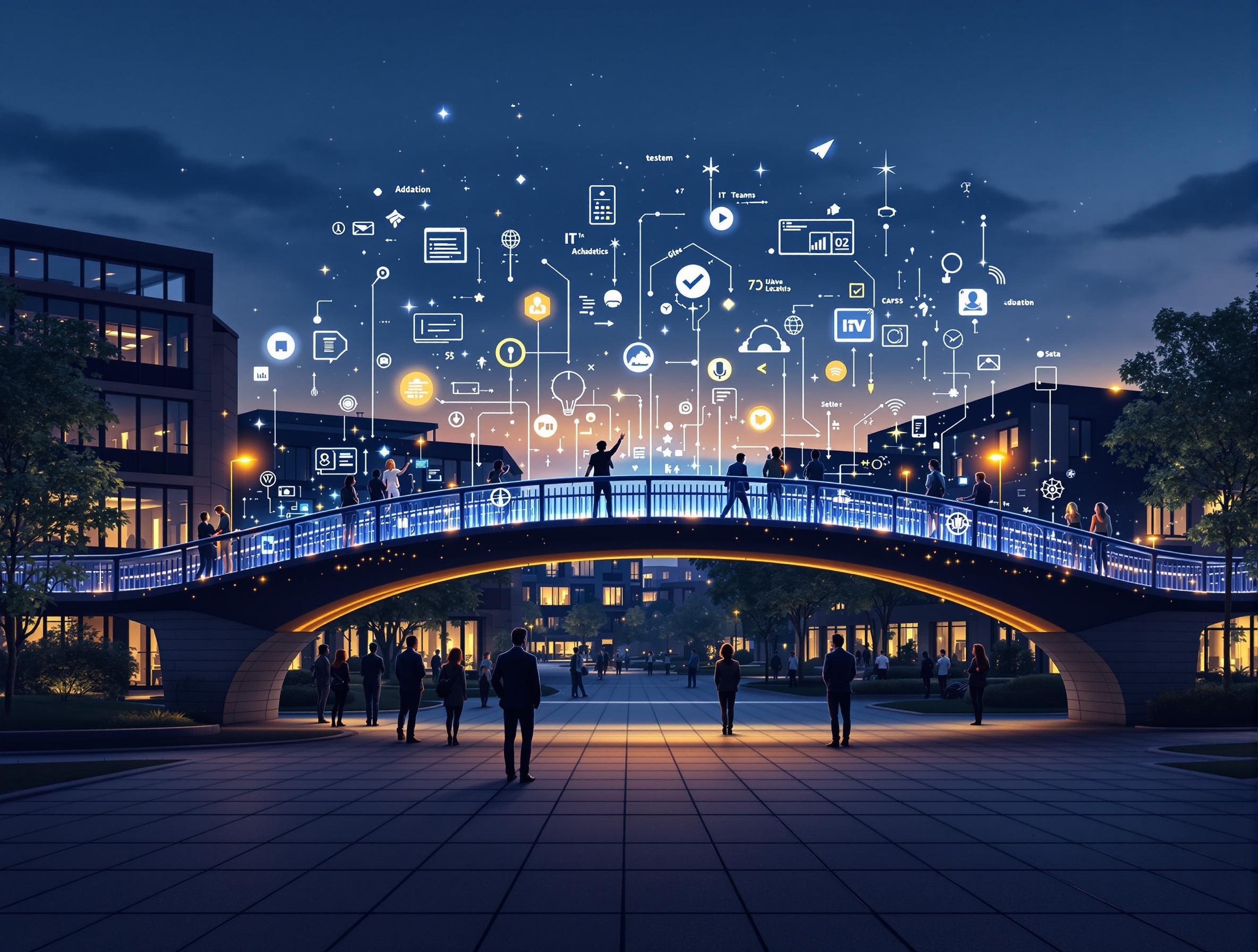 A modern university campus at night with a glowing digital bridge connecting groups representing IT teams, academic staff, and testing professionals, symbolizing collaboration and bridging communication gaps in higher education.