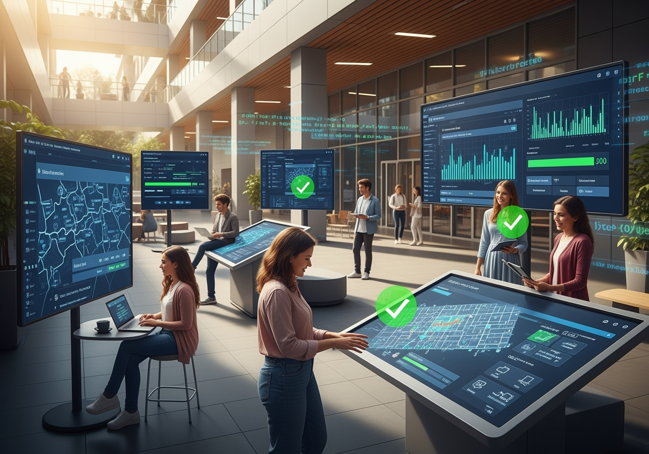 Modern university campus with digital interfaces and subtle software testing elements, reflecting innovation in higher education.