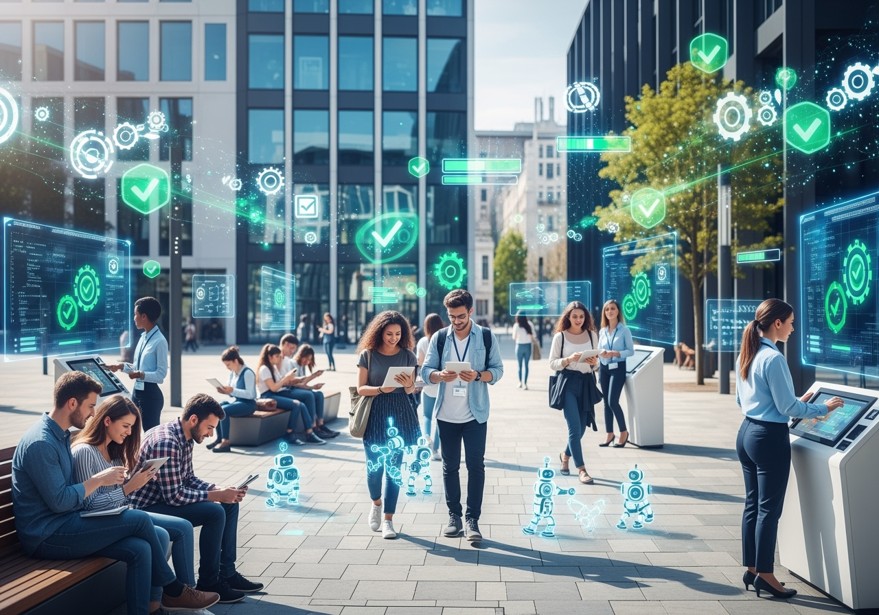 Students using digital university systems with automation and AI icons showing improved reliability, supported by Infuse Consulting.